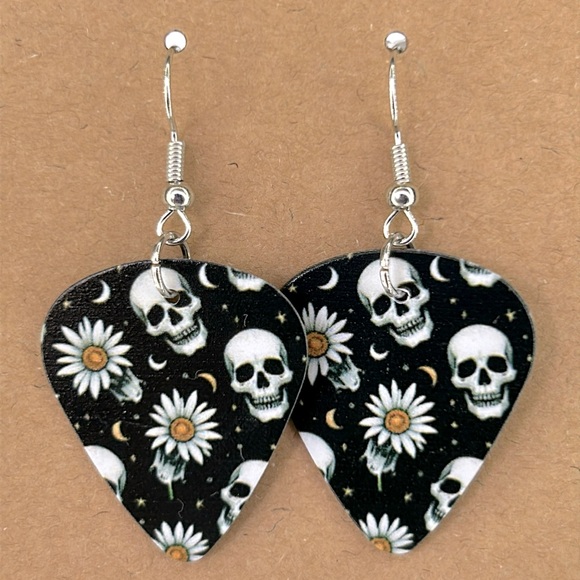 Jewelry - Daisy Skulls Guitar Pick Custom Earrings Halloween